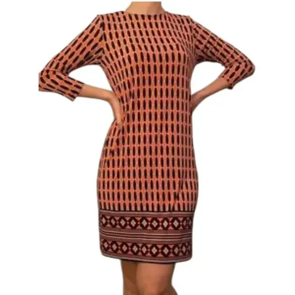 Vintage Michael Kors Coral Black‎ geo Shift dress Size M 3/4 sleeve