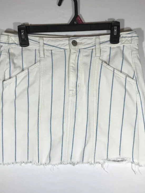 American Eagle Women's 4 White Blue Pin Stripe Hi-Rise A-Line Raw Hem Skirt