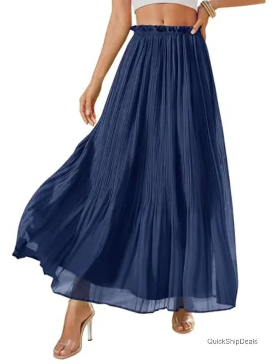 Pleated Chiffon A-Line Elastic High Waist Midi Skirt for Summer Vacation Office