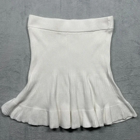 Free People Knit Mini Skirt Womens L White Ribbed Ruffle Hem