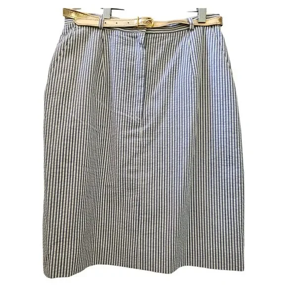 Talbots Petites Skirt Size 8P Blue White Railroad Stripe Seersucker Lined Pocket
