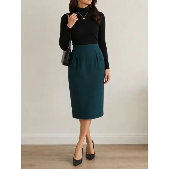 Vintage 100% Worsted Wool Pencil Skirt Teal Green High Waist Midi Size 14