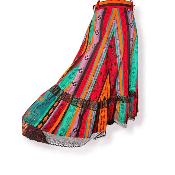 Vintage Handmade Southwestern Geometric Flowing Midi Skirt Lace Trim‎ Boho Ranch