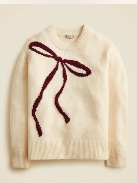 J. Crew Cream Crewneck Sweater with Burgundy Bow Detail
