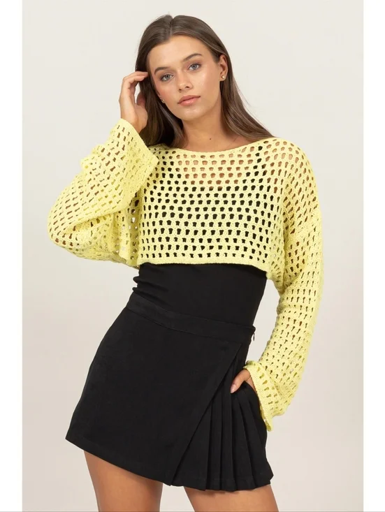 Yellow Open Knit Crochet Crop Top Long Sleeve Y2k Sweater Shrug