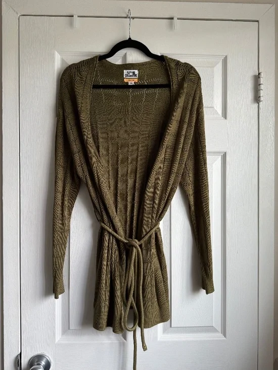 Future Collective Olive Green Pointelle Knit Belted Cardigan Sweater Size S