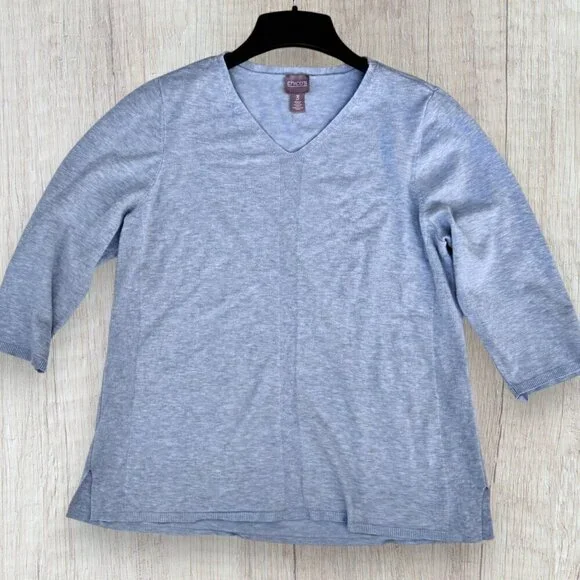 CHICO'S Light Blue V Neck Lightweight Linen Blend Knit Sweater L XL Size 3
