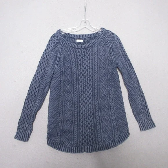 LL Bean Signature Sweater Tunic Women Medium Blue Cable‎ Knit Cotton Fisherman
