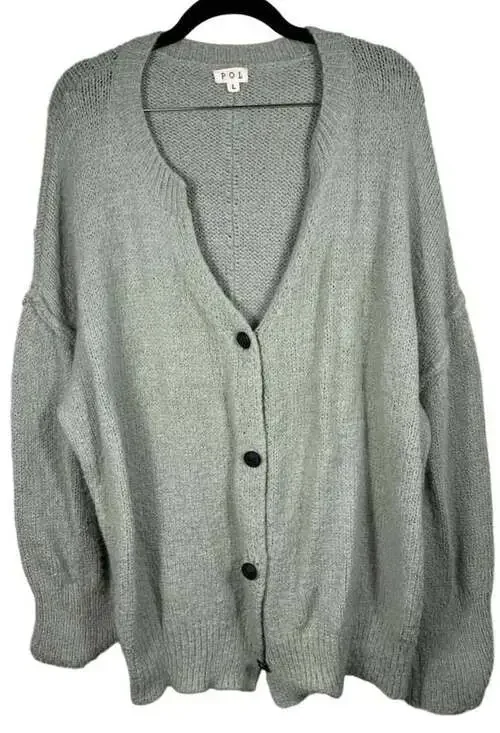 POL Women's Sage Green Oversized V-Neck Button-Front Cardigan Sweater Size L