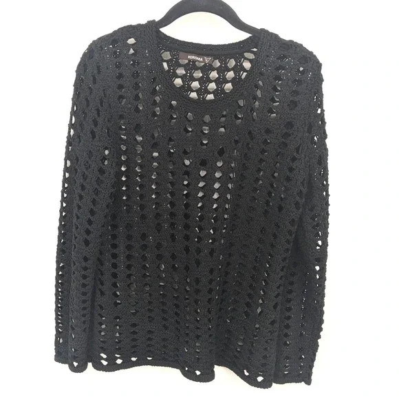 Kerisma Open Knit‎ Sweater Womens Large Black Crochet Crew Neck Whimsygoth Y2K