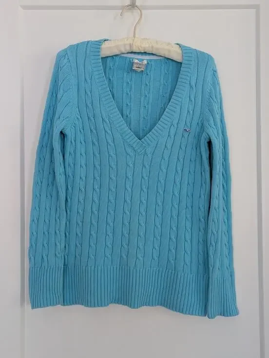 Old Navy Women's L Turquoise Blue Cable Knit V-neck Sweater Whale Logo Preppy