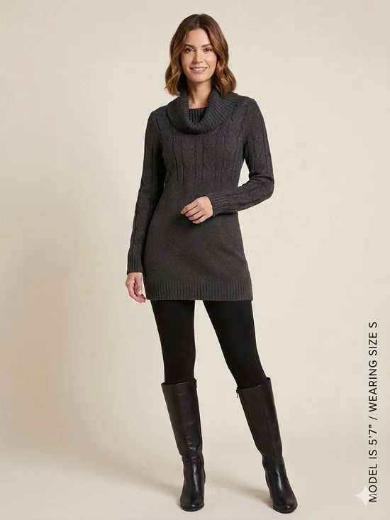 Style & Co. Charcoal Cable Knit Cowl Neck Mini Sweater Dress S