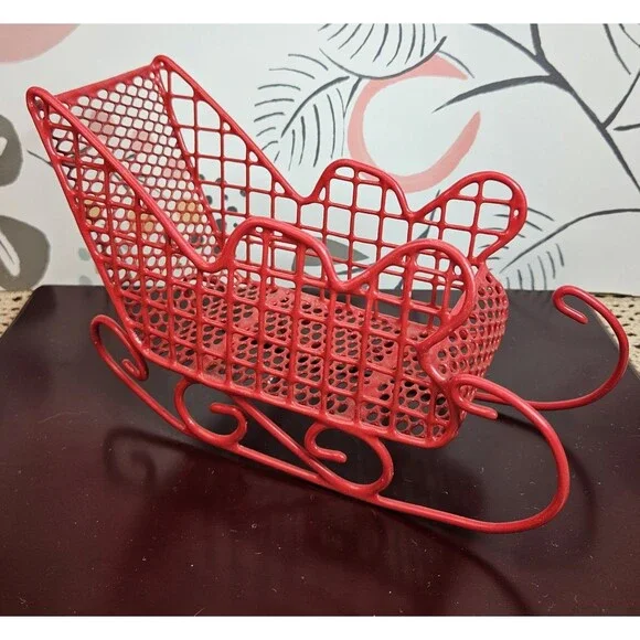 Red Enamel on Metal Wire Basket Christmas Tabletop Santa Sleigh Decor Storage