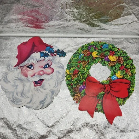 Die Cut Santa HMS INC & Wreath Kitschy Christmas Wall Decoration 60s VTG Classic