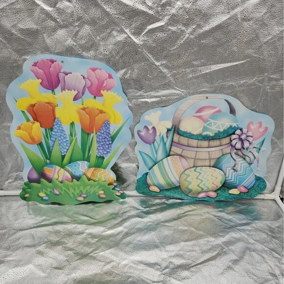 Die Cut Easter Cutout Decorations Colored Eggs Tulips Basket Bows Ribbon VTG 70s