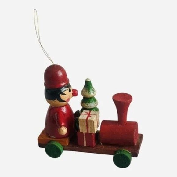 Vintage Handcrafted Wooden Christmas Train Ornament Elf Conductor VG
