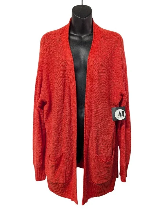 A&J Red Knit Cardigan Sweater Women's Shawl Collar Open Front Pockets Sz L NWT