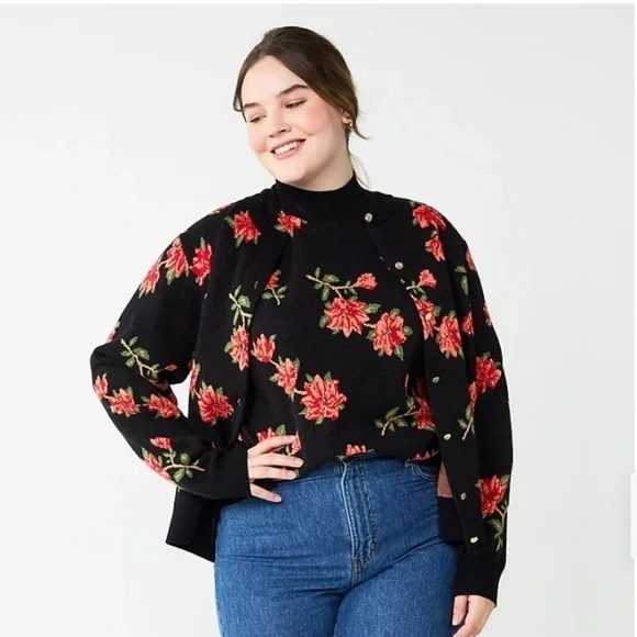 Draper James New Size 1X Long Sleeve Cardigan Black Red Floral Southern Inspired
