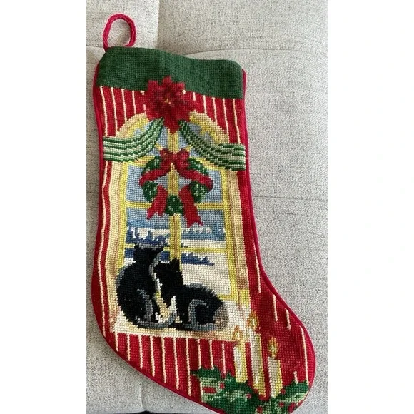 Vtg Wool Needlepoint Christmas Stocking W/Red Velvet Backing Cat Watching 17x8