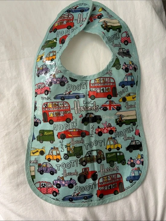 Harrods Mint Blue Baby Bib with Colorful Vehicle Print