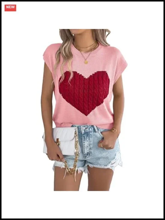 Women's Cap Sleeve Sweater Vest Heart Printed Cable Knit Crew Neck Lightweight