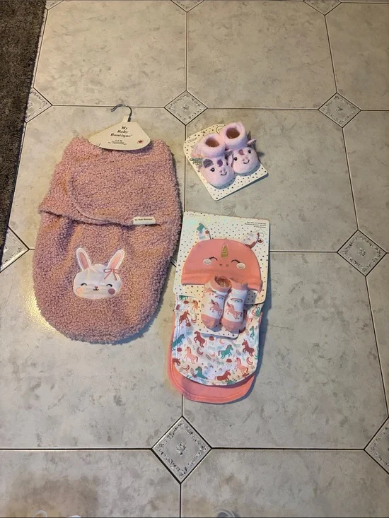 Pink Bunny Swaddle Sack & Unicorn Bib Set - Baby Accessories