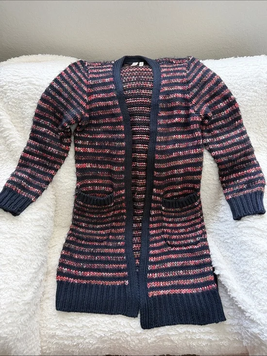 Anthropologie Navy and Pink Striped Open-Front Cardigan