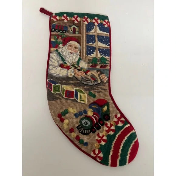 Vintage Needlepoint Christmas Stocking Santa Workshop Train Velvet Back 20 inch