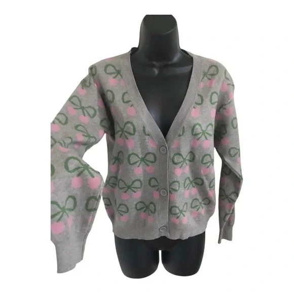 Grey and pink cherry green‎ bow print knit cardigan sweater size XS new