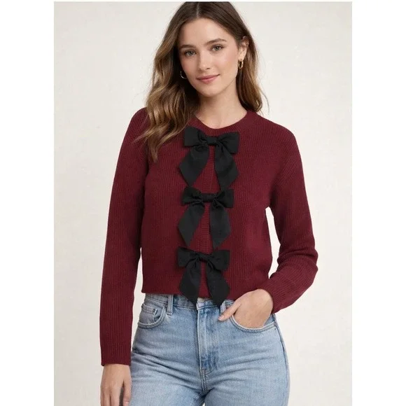 Commense Burgundy Ribbed Cardigan Black Bows Button‎ Front Womens Size M