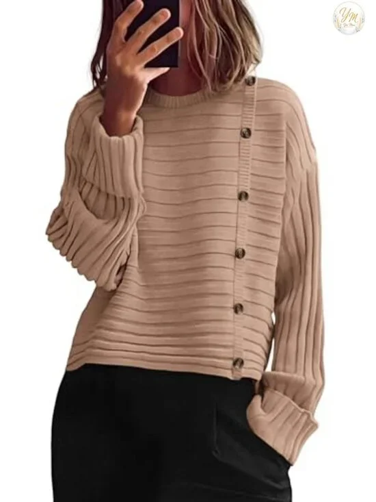 Womens Asymmetric Button Long Sleeve Knit Pullover Sweater