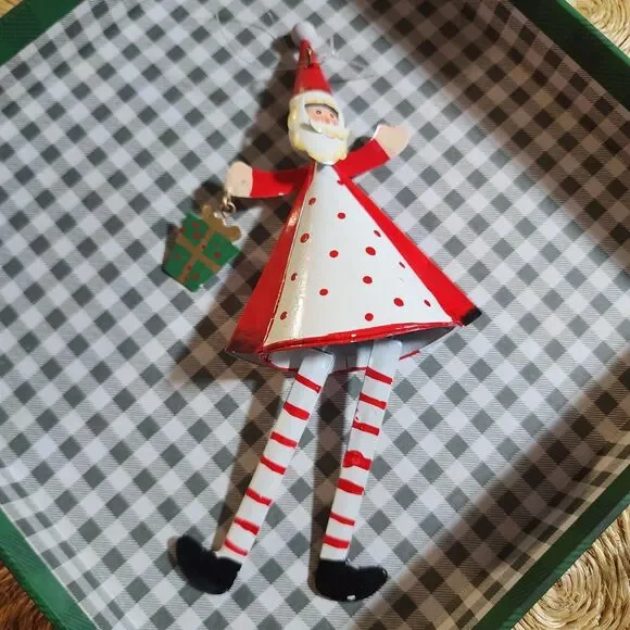 Antique Metal And Wood Moving Santa Figure Christmas Ornament