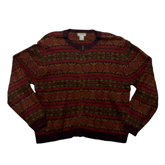 Vintage 90s SKYR Fair Isle Full Zip Cardigan Sweater Ramie Cotton L