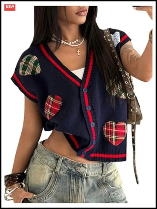 Women's V-Neck Sweater Vest with Heart Embroidery, Preppy Button-Front Short
