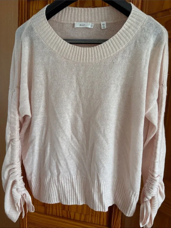 A.L.C. Light Pink Crewneck Sweater with Ruched Tie Sleeves