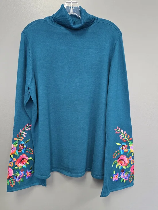 Linea by Louis Dell'Olio Women's XL Blue Floral Embroidered Turtleneck Sweater