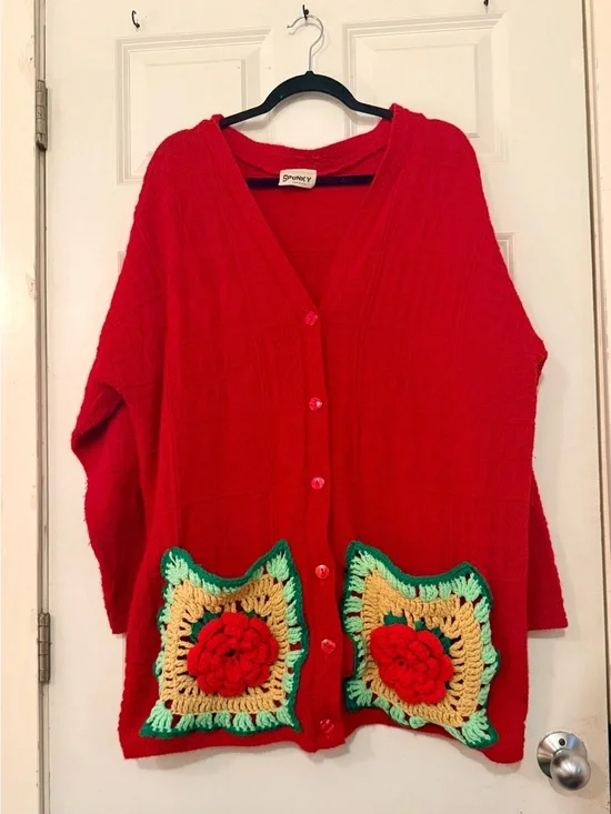 Upcycled Vintage Spunky Brand Oversized Cardigan Sweater Granny Square Pocket