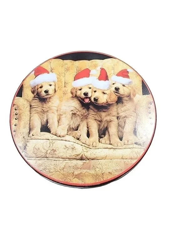 Vintage santa Hat Lab puppies cookie tin 6.5
