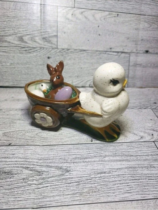 Vtg Ceramic Easter Decor Chick Bunny Egg Wagon Wheelburrow Signed Elaine