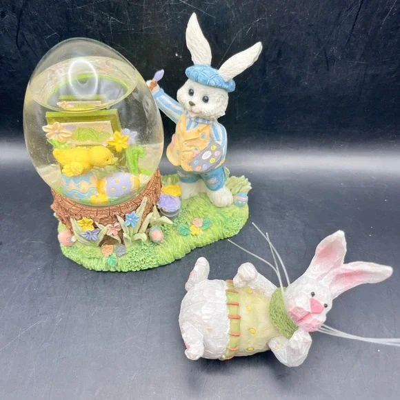 Easter Bunny Painter Water Globe and Lying Rabbit‎ Figurine Set Pastel Decor