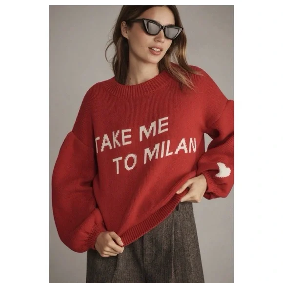 Anthropologie Maeve Graphic ‘Take Me To Milan’ Red Cotton Sweater