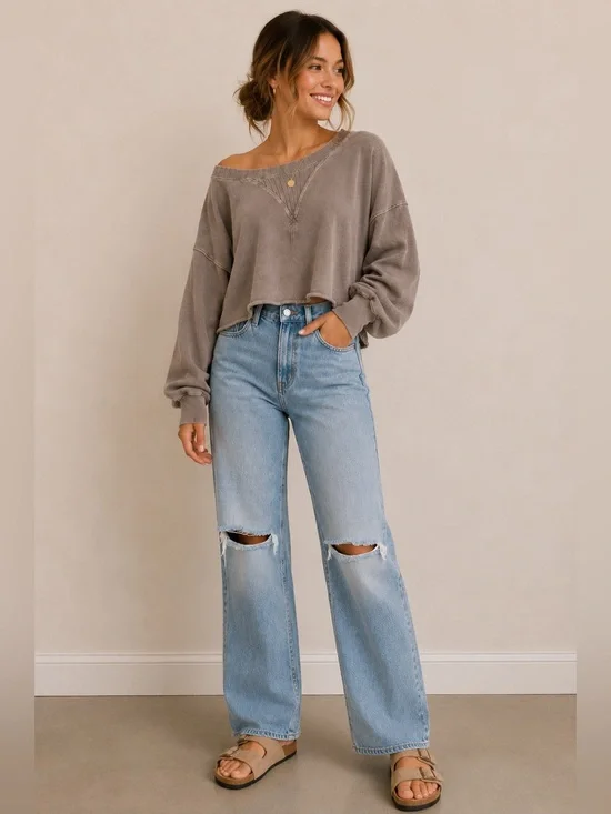 Peach Love California Gray Ribbed Cropped Sweatshirt