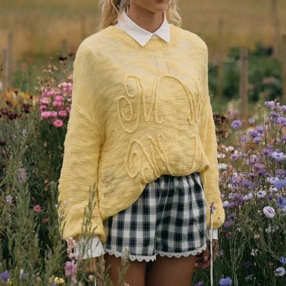 Yellow Casual Women's Crew Neck  Embroidery Knit Sweater Top