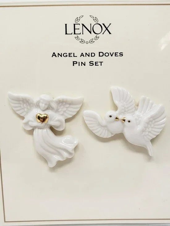 Lenox Angel and Doves Lapel Pin Set - Ivory Porcelain 24k Gold Accents NIB