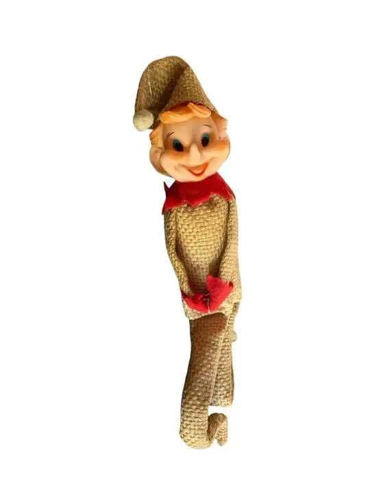 Vintage Knee Hugger Pixie Elf Burlap Felt Christmas Ornament Japan Retro Red