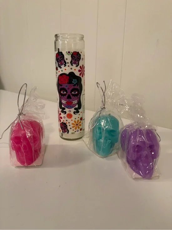 Day of the Dead Skull Candle Trio - Pink, Teal, Purple