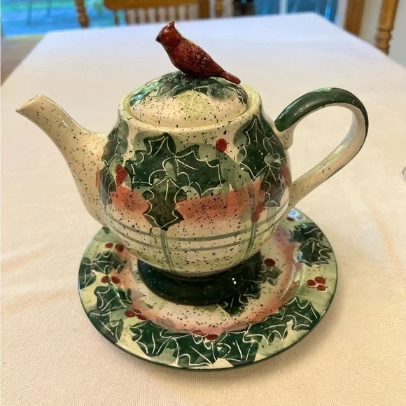 Vintage Julie Ueland 1999 Enesco Ceramic Tea Pot and Saucer
