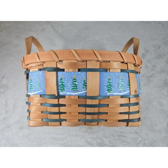 Vintage Christmas Snow Pine Tree Woven Wood Basket Snowflake Holiday Decor