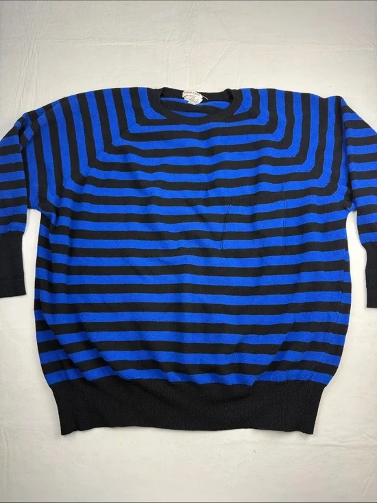 Marilyn Forbes Blue Black Striped Crewneck Oversized Sweater Front pocket Size M