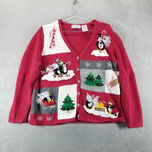 White Stag Sweater Womens‎ XL Red Penguin Christmas Cardigan Holiday Storybook